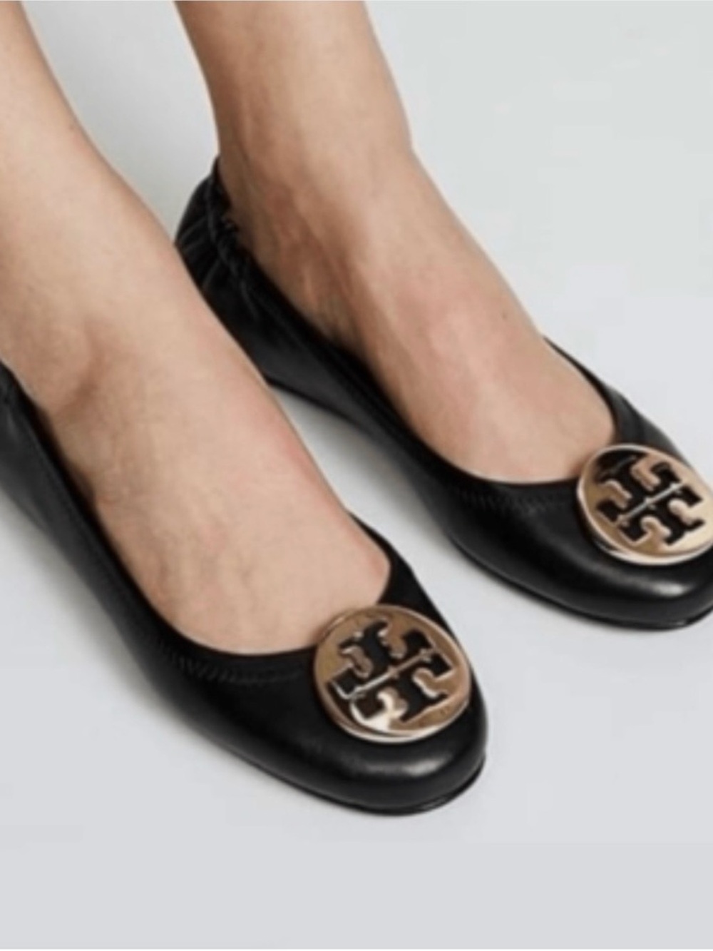 Tory Burch Reva Ballerina Flats Black Leather Measures Size 7